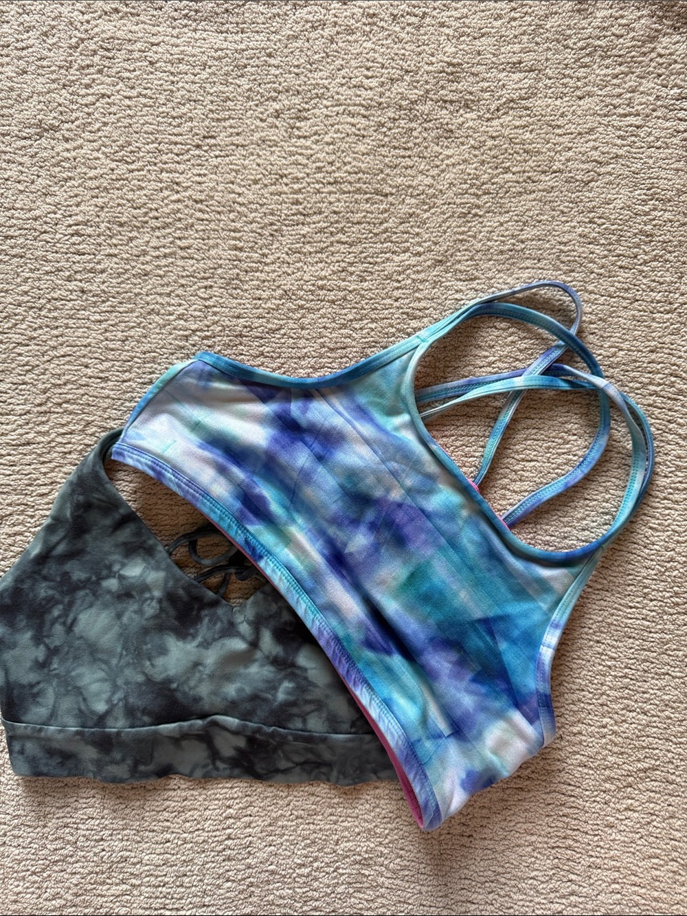 Athleta Girl sports bra bundle - Teal and Charcoal Tie-Dye Sports bras.